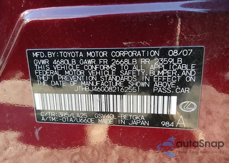 2008 Lexus Es 350 z USA, uszkodzony, nr VIN JTHBJ46G082162551